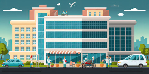 Medical concept with hospital building and doctor - Generative AI