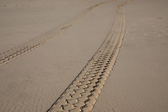 tire imprint of a car wheel in the fine sand desert coastal beach from buggy