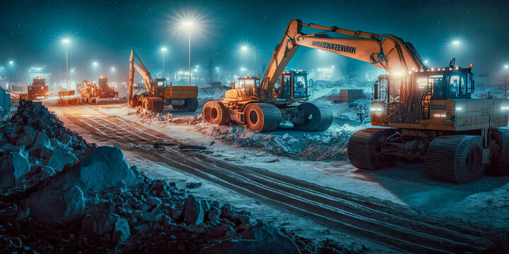 Many excavators work on construction site with night lights - Generative AI