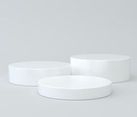 Abstract white 3D studio with realistic white cylinder pedestal podium set and shadow overlay. Minimal scene for product display presentation. Stage for showcase.