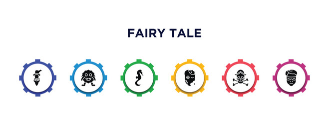 fairy tale filled icons with infographic template. glyph icons such as wizard, monster, seahorses, zombie, caribbean, protagonist vector.