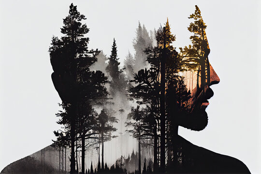 Double exposure of man and trees
