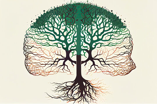 a tree with roots in the shape of a brain, flat design, symmetry