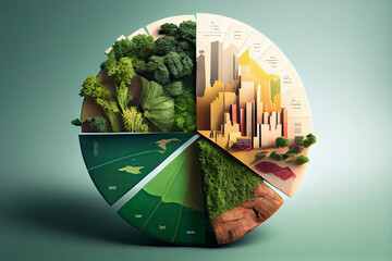 Pie chart with city and lush greenery environmental sustainability climate change
