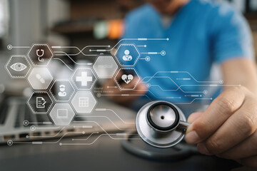 Close up of a stethoscope and digital tablet with virtual electronic medical record of patient on interface.Digital healthcare and network on modern virtual screen, medical technology.