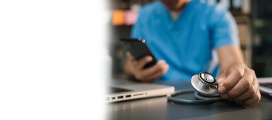 Close up of a stethoscope and digital tablet with virtual electronic medical record of patient on interface.Digital healthcare and network on modern virtual screen, medical technology.