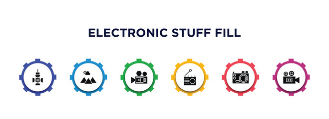 electronic stuff fill filled icons with infographic template. glyph icons such as reflector, scenic, video camera, radio, digital camera, old video camera vector.