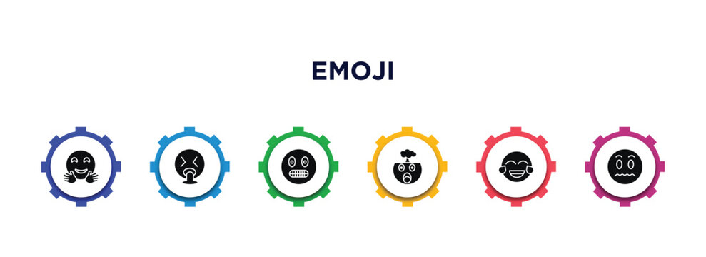 emoji filled icons with infographic template. glyph icons such as hugging emoji, puking emoji, nervous exploding head laugh silent vector.