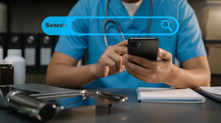 Medical Technology Concepts. Medical students use mobile phones to search for information in a modern office.