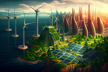 eco city landscape concept, green clean renewable energy, with windmills and solar panels