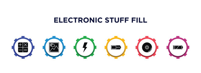 electronic stuff fill filled icons with infographic template. glyph icons such as calculating, picture, blitz flash, battery almost full, compact disc, low battery vector.