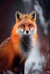 Fototapeta premium Fuchs im Winter blickt in den Schnee, generative AI
