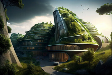 Fototapeta premium Splendid environmental awareness city with vertical forest concept of metropolis covered with green plants. Civil architecture and natural biological life combination.