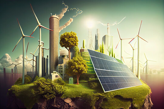 Eco City Landscape Concept, Green Clean Renewable Energy, With Windmills And Solar Panels