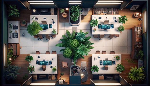 Overhead View Modern Office With Many Computers And Plants - Generative AI