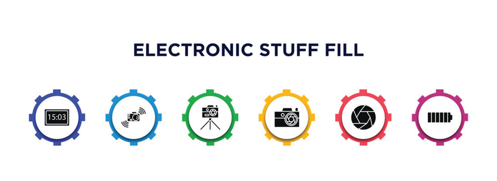 electronic stuff fill filled icons with infographic template. glyph icons such as camera big screen size, shake camera, camera stand, compact aperture, full battery vector.