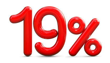 Number 19 in red glossy 3d isolated on white background. 3D illustration. Sales concept.