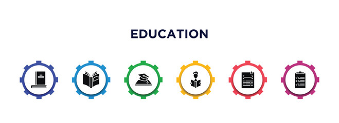education filled icons with infographic template. glyph icons such as hardbound book variant, open book black cover, is an element of, man reading, title, as vector.