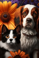  portrait of dog and cat sunflower background 