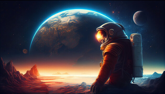 Astronautas pisando otros planetas ,concepto de exploradores espaciales descubriendo mundos nuevos, generado con IA