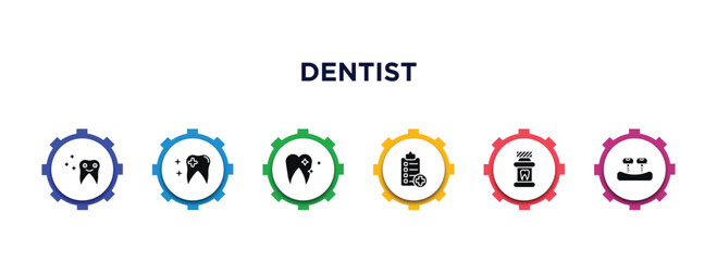 dentist filled icons with infographic template. glyph icons such as shiny tooth, healthy tooth, clean tooth, medical list, mouth wash, fake vector.