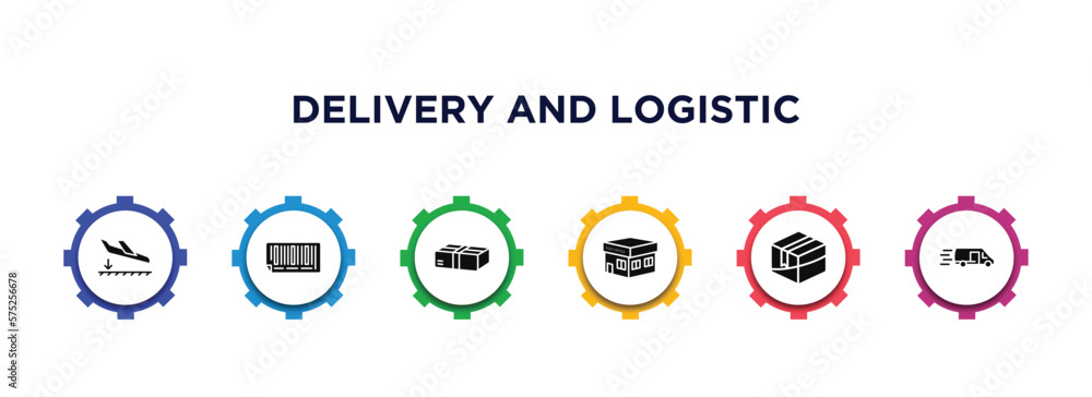 Poster delivery and logistic filled icons with infographic template. glyph icons such as arrival, bar code,