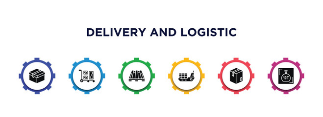 delivery and logistic filled icons with infographic template. glyph icons such as delivery box, package on trolley, pallet, logistic ship, box, weight limit vector.