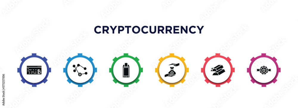 Poster cryptocurrency filled icons with infographic template. glyph icons such as programming, node, point 