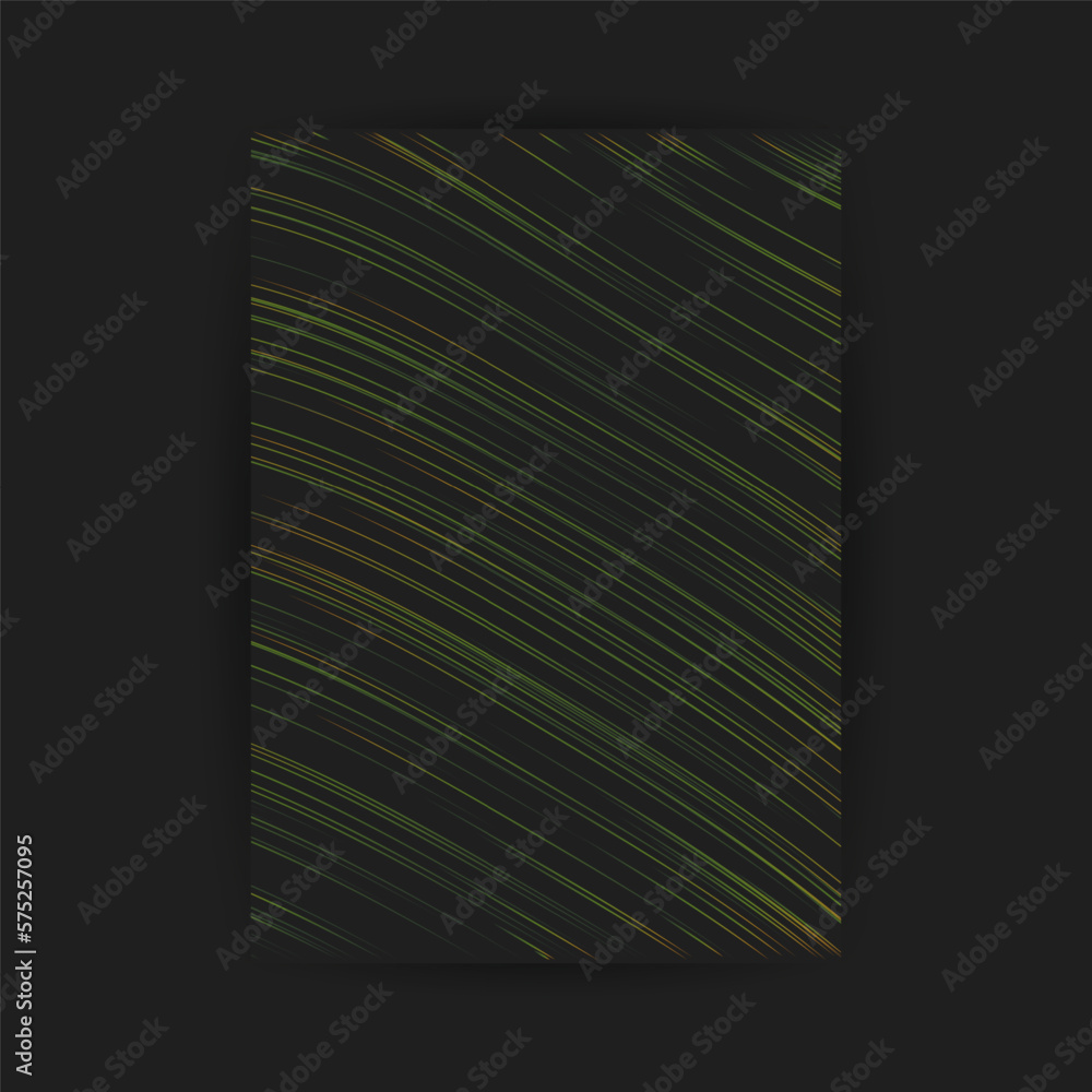Poster colorful green and brown curving lines, motion of particles, striped wavy pattern on dark background
