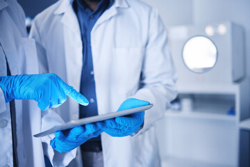 Tablet, research and hands with a team working on science in a lab together for innovation or...
