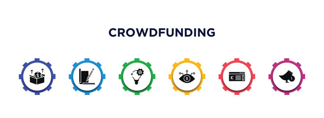 crowdfunding filled icons with infographic template. glyph icons such as packaging, prototype, creator, bionic contact lens, kickstarter, early bird vector.