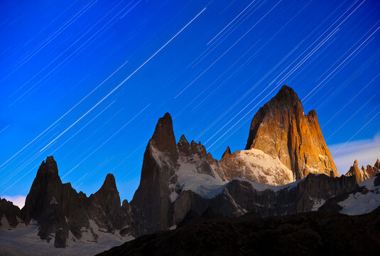 Star trails above a moonlit Mount Fitzroy.