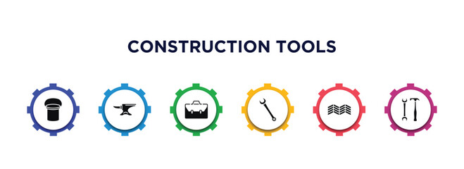 construction tools filled icons with infographic template. glyph icons such as bucket, anvil, businessman portfolio, garage wrench, parquet, garage screwdriver vector.