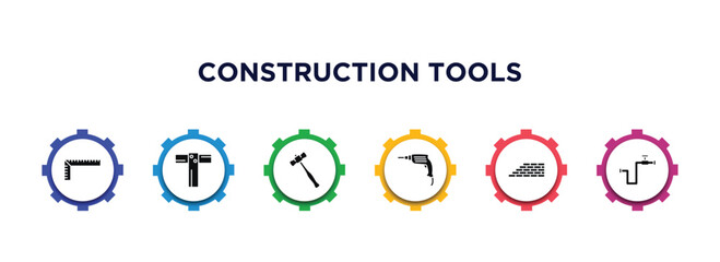 construction tools filled icons with infographic template. glyph icons such as school ruler, boning rod, sledge hammer, hand drill, brick wall, gas pipe vector.