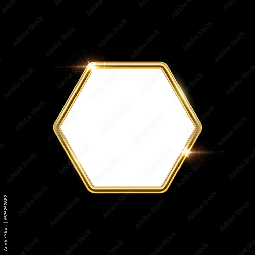 Poster 3d plate button of hexagon shape with golden frame vector illustration. Realistic isolated website element, golden glossy label for game UI, badge of navigation menu with shiny light effect on border