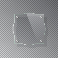Glass square plate isolated on transparent background. Vector realistic acrylic frame with steel rivets