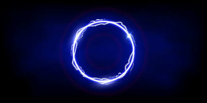 Magic blue ring of thunder storm blue lightnings. Magic and bright light effects electric circle. Round plasma frame with thunderbolt electricity lightning power effect on fog background