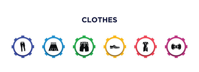 clothes filled icons with infographic template. glyph icons such as sweatpants, circle skirt, chino shorts, leather derby shoe, jersey wrap dress, bow tie vector.