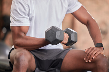 Black man arm, weights training and gym dumbbell of a athlete doing bodybuilder cardio. Healthy,...