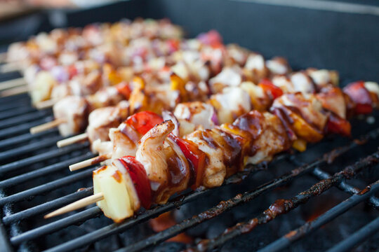 BBQ chicken skewers on the BBQ