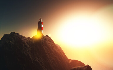 3d lighthouse on a cliff against a sunset landscape