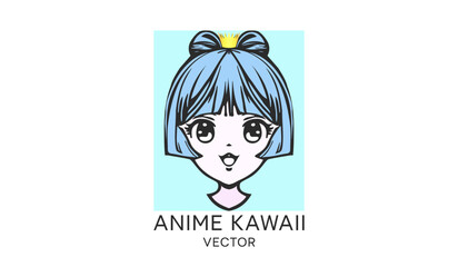 Vector portrait of a cute beautiful young girl with a crown. Anime kawaii. Logo, icon or emblem.
