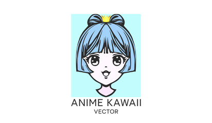 Vector portrait of a cute beautiful young girl with a crown. Anime kawaii. Logo, icon or emblem.