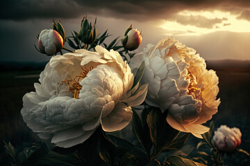 Beautiful white peonies under the golden rays of the sunset. Generative AI