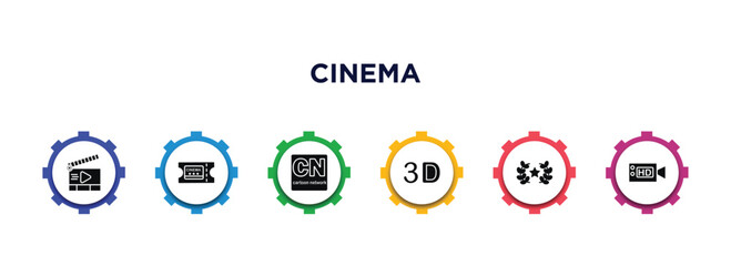 cinema filled icons with infographic template. glyph icons such as movie clapper open, theater ticket, , 3d text, movie award, hd video vector.
