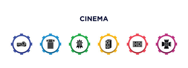 cinema filled icons with infographic template. glyph icons such as image projector, theatre pillar, award, loud woofer box, hd, cinema light source vector.