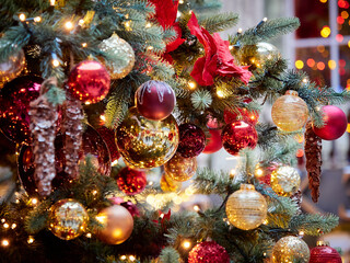 Fototapeta na wymiar Christmas tree. Christmas decorations and toys on the Christmas tree.