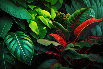 Lush colorful tropical leaves, dark background. AI	