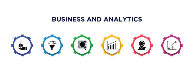 business and analytics filled icons with infographic template. glyph icons such as debt, funneling data, stock data analysis, graph, 3d location graph, charts vector.