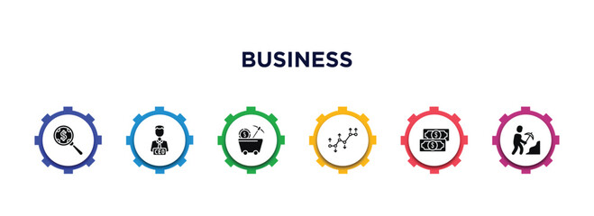 business filled icons with infographic template. glyph icons such as money searcher, chief executive officer, proof of work, value pointer, american dollar bill, worker digging a hole vector.